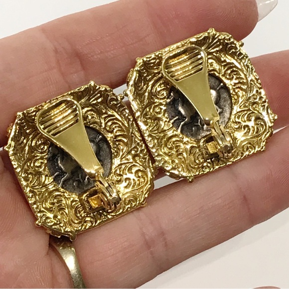 1928 Ancient Coins Framed Roman Greek Mixed Metal Gold Silver Clip On Earrings - Picture 9 of 13